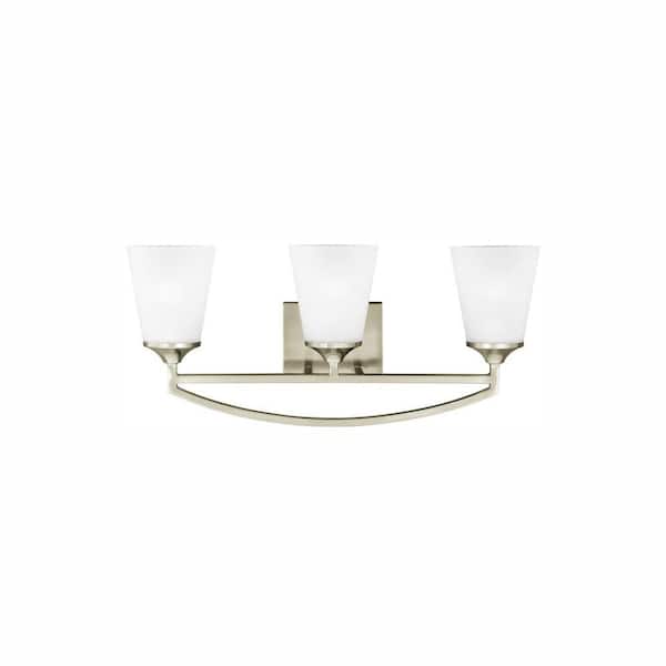Generation Lighting Hanford 23 in. 3-Light Brushed Nickel Modern Transitional Wall Bathroom Vanity Light with Satin Glass and LED Bulbs
