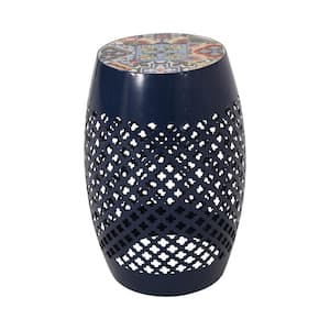 18 in. Dark Blue Ceramic and Metal Outdoor Patio Side Table with Lace Cut Design for Outdoors, Garden, Lawn, Backyard