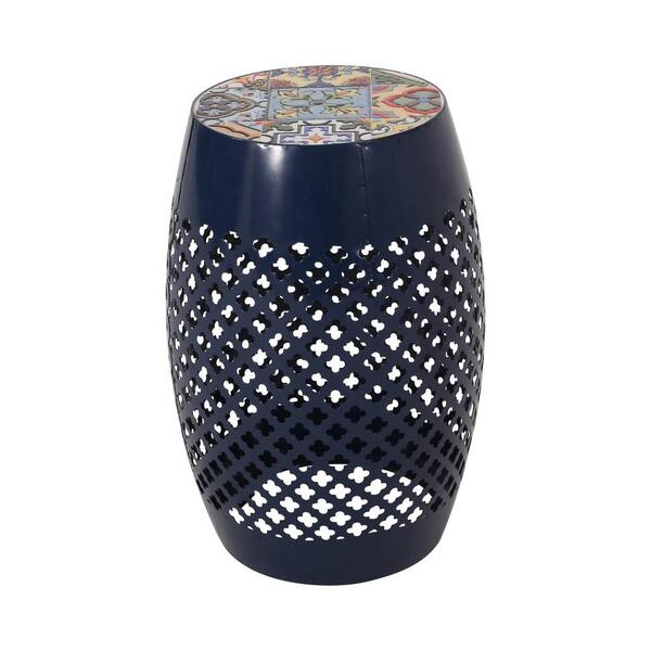 Zeus & Ruta 18 in. Dark Blue Ceramic and Metal Outdoor Patio Side Table with Lace Cut Design for Outdoors, Garden, Lawn, Backyard
