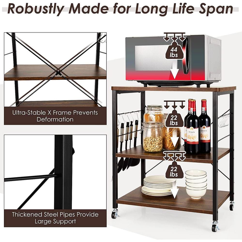 3-Tier Brown Wood Kitchen Cart with 10-Hooks - thumbnail 6