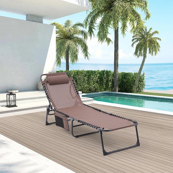 Runesay Portable 74.4 in. L Coffee 2-Piece Metal Adjustable and Reclining Outdoor Chaise Lounge with Pillow and Side Pocket