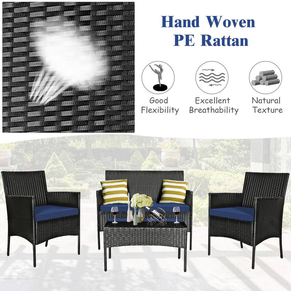 Navy 4-Piece Rattan Outdoor Patio Sofa Set with Cushions and Glass Table
