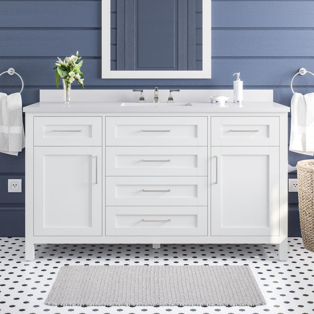 Tahoe II 60 in. W x 21 in. D x 35 in. H Single Sink Bath Vanity in White with White Engineered Stone Top and Outlet -  OVE Decors, 15VVA-TAH260-00