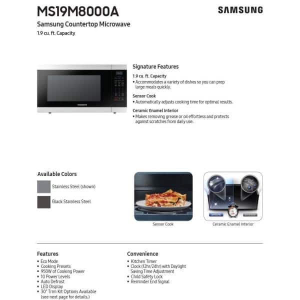 Samsung Electronics SAMSUNG MS19M8000AS/AA - Horno microondas de gran  capacidad con sensor e interior de esmalte cerámico, acero inoxidable, 1.9  pies