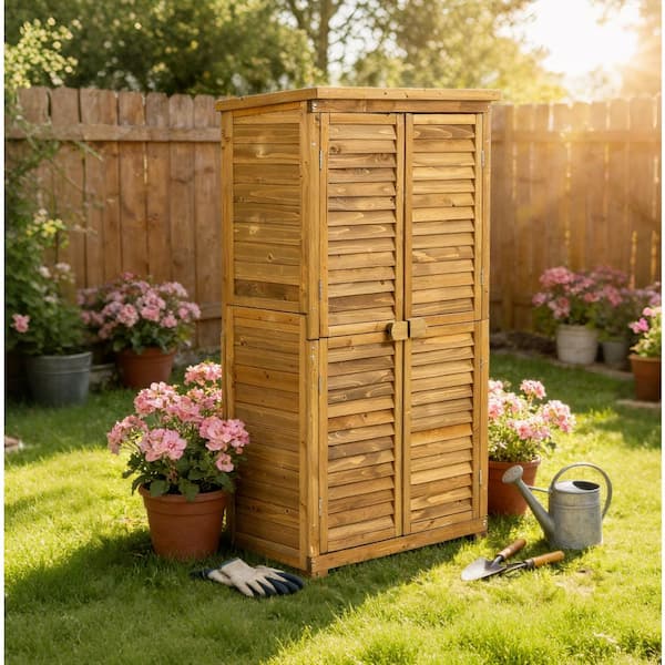 34.25 in. W x 18.5 in. D x 63 in. H Weather-Resistant Natural Wood Lockable Outdoor Storage Cabinet