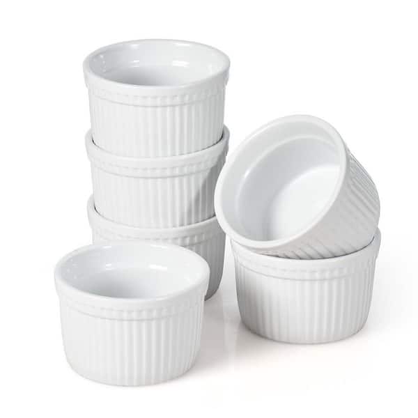 6 Piece Round Porcelain Ramekin Set with Vertical Line Design for Baking Souffle Custard Pudding Dips