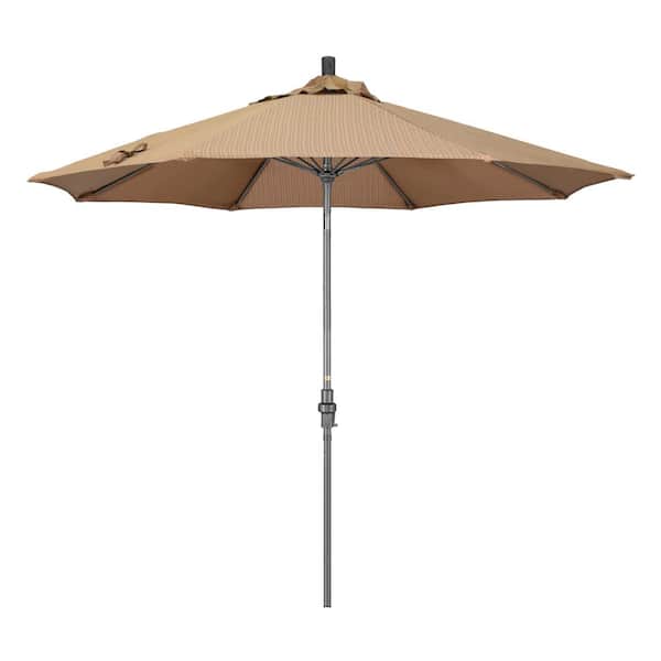California Umbrella 9 ft. Hammertone Grey Aluminum Market Patio Umbrella with Collar Tilt Crank Lift in Terrace Sequoia Olefin