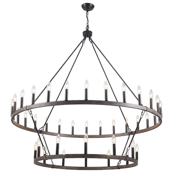 28+12-Light Matte Black/Wood Grain 2 Tier Wagon Wheel Chandelier for Living Room Foyer with No Bulbs Included