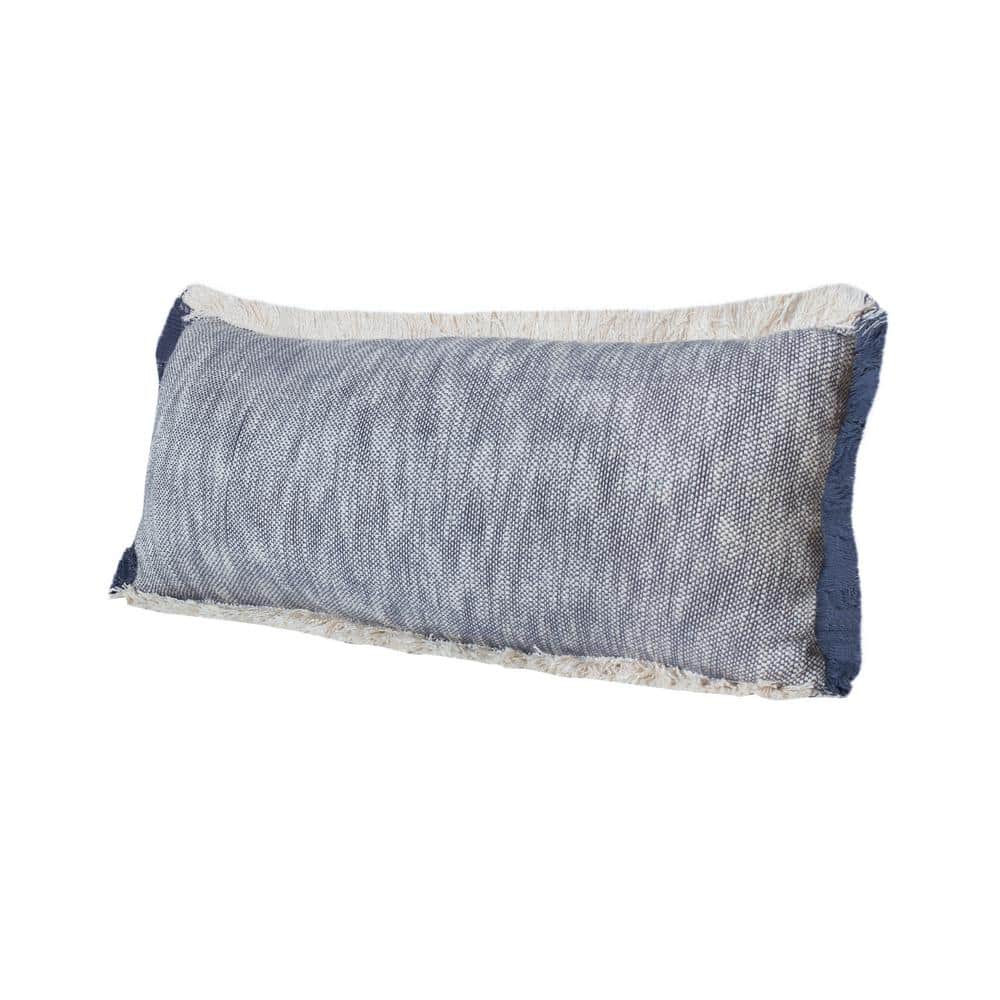 Navy Blue and White Cotton Lumbar Pillow with Fringe