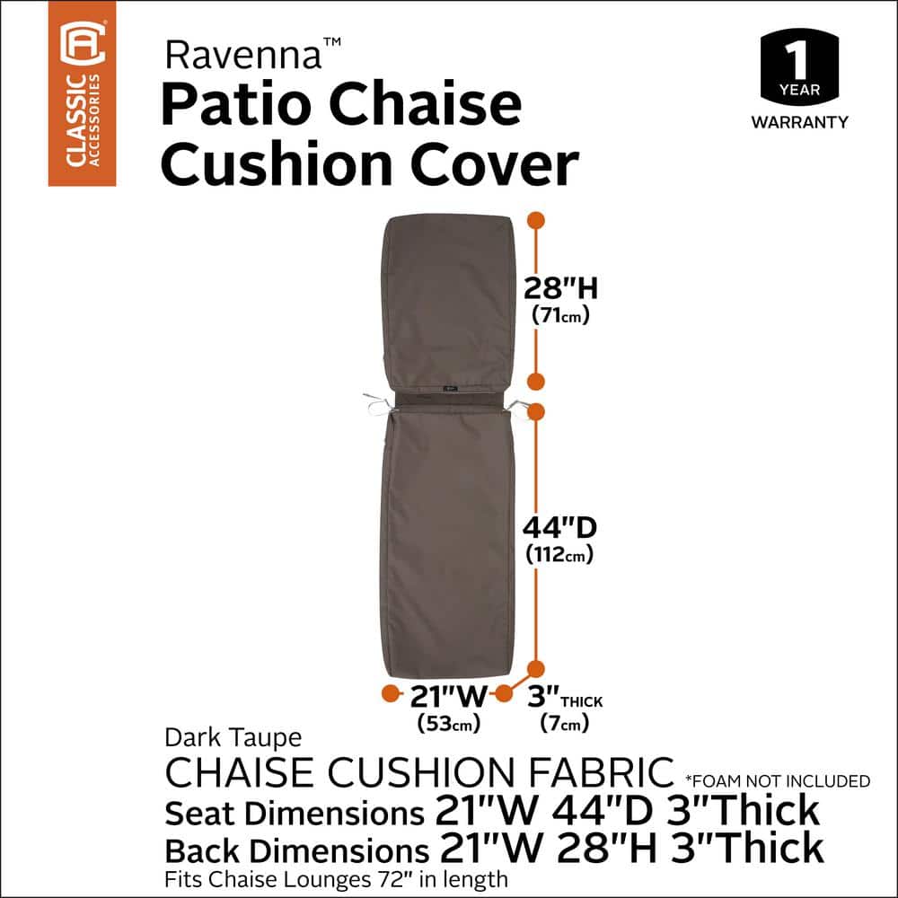 Dark Taupe Water-Resistant Patio Chaise Lounge Cushion Slip Cover, 72"L x 21"W x 3"H