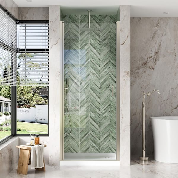 34 in. W x 72 in. H Pivot Semi-Frameless Shower Door in Brushed Nickel Finish with Clear Glass