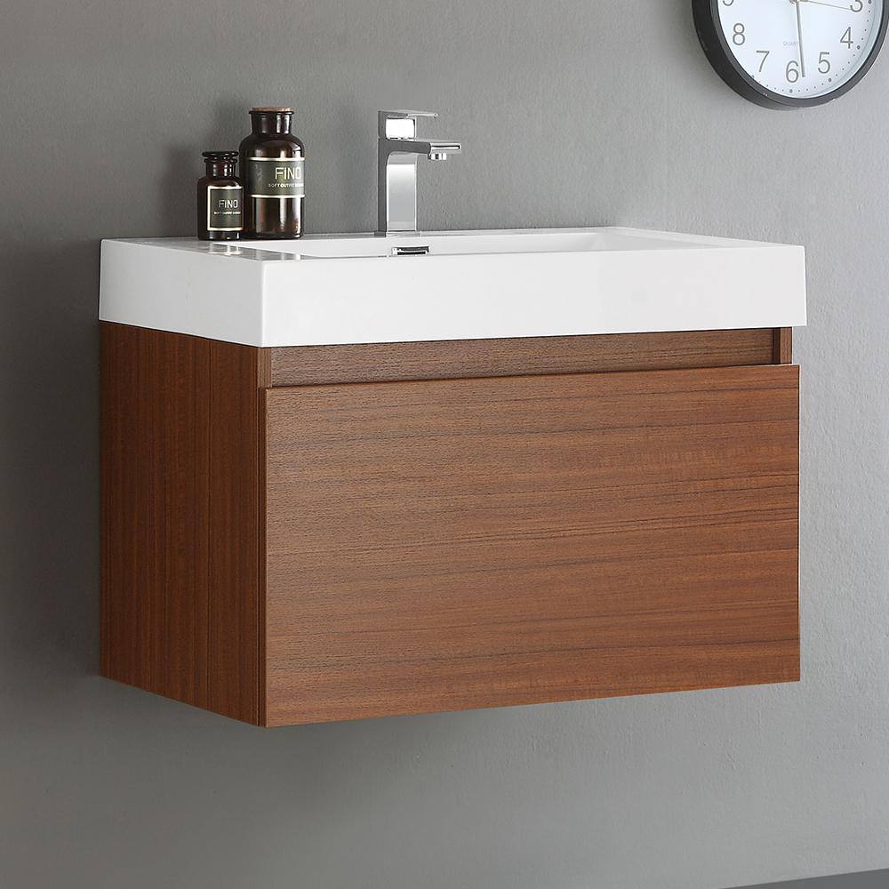 Teak 30" Wall-Mounted Single Sink Bathroom Vanity with Acrylic Top
