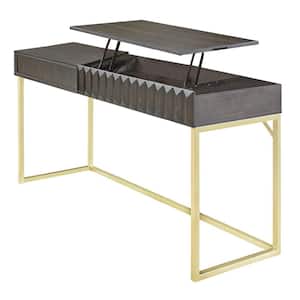 Gotheimer 56.75 in. Rectangular Walnut and Gold Writing Desk with Lift-Top