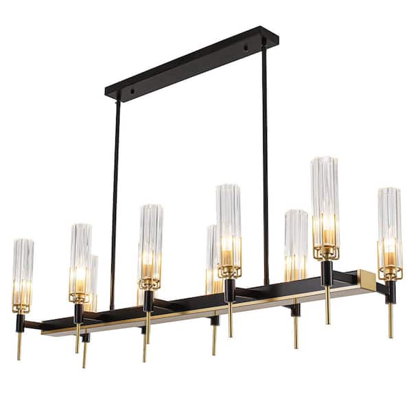 Modern 10 light Black and Brass Linear Kitchen Island Chandelier with Clear Glass Shade