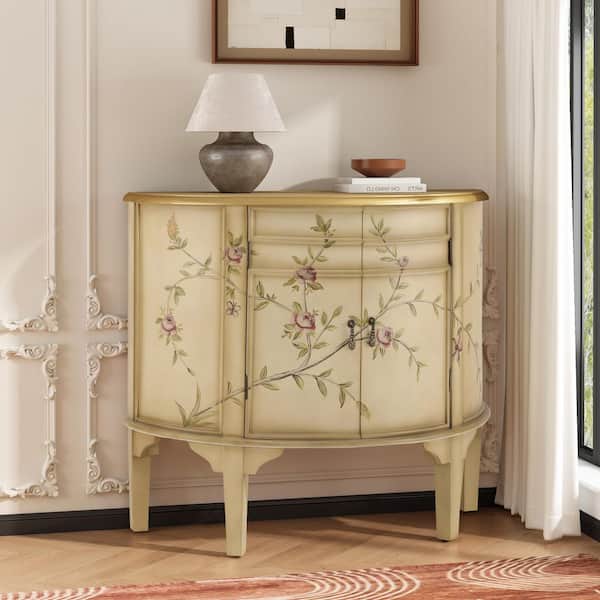 Belle Vintage Antique Cream 32.25 in. Half Moon Accent Storage Cabinet Sideboard with Floral Design Adjustable Shelves