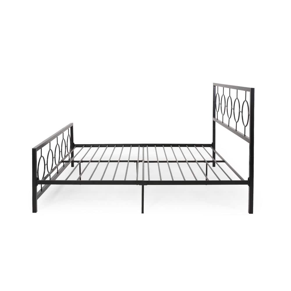 Flat Black Modern Iron King Bed Frame with Circular Pattern