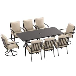9-Piece Metal Patio Outdoor Dining Set with 2 Swivel Chairs, 6 Chairs, Large Table, Umbrella Hole and Sand Cushions