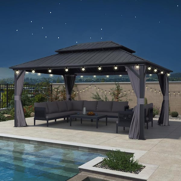 PURPLE LEAF 12 ft. x 16 ft. Gray Aluminum Hardtop Gazebo Canopy with Netting and Curtains