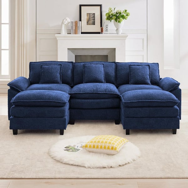 105.9 in. Chenille Fabric 5-Seat Sectional Sofa Couch with 2-Ottomans in Dark Blue