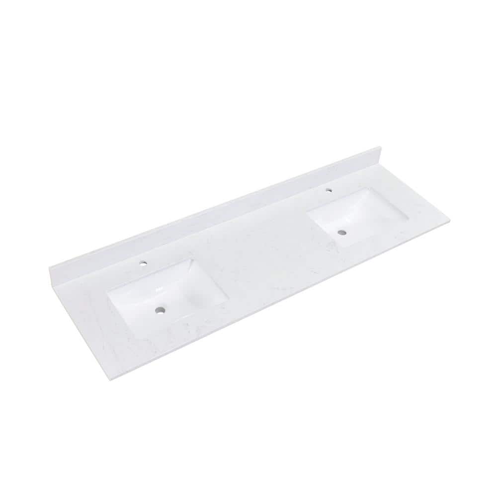 73" White Stone Double Sink Vanity Top with Ceramic Basins
