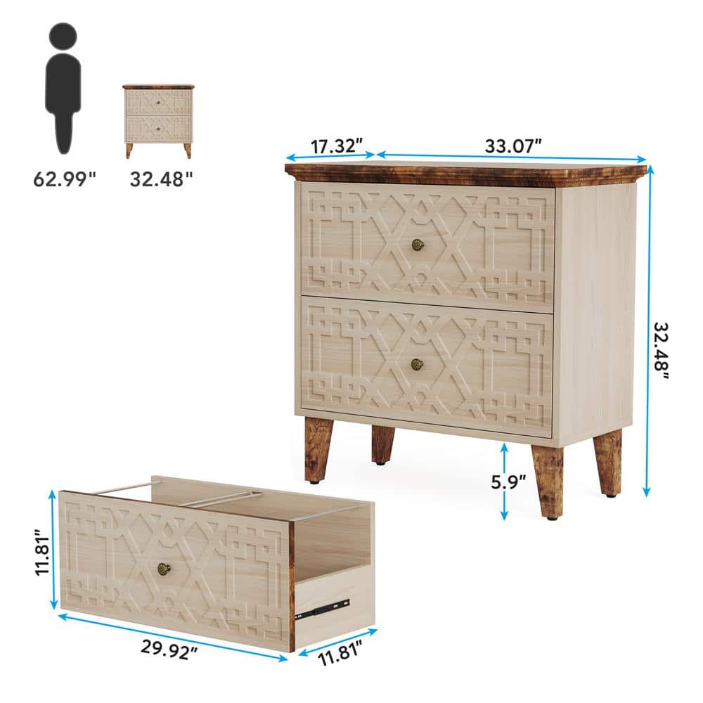 Beige and Brown 2-Drawer Wooden Legal Size File Cabinet