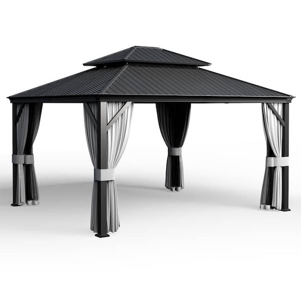 12 ft. x 14 ft. Black Metal Hardtop Gazebo with Curtains