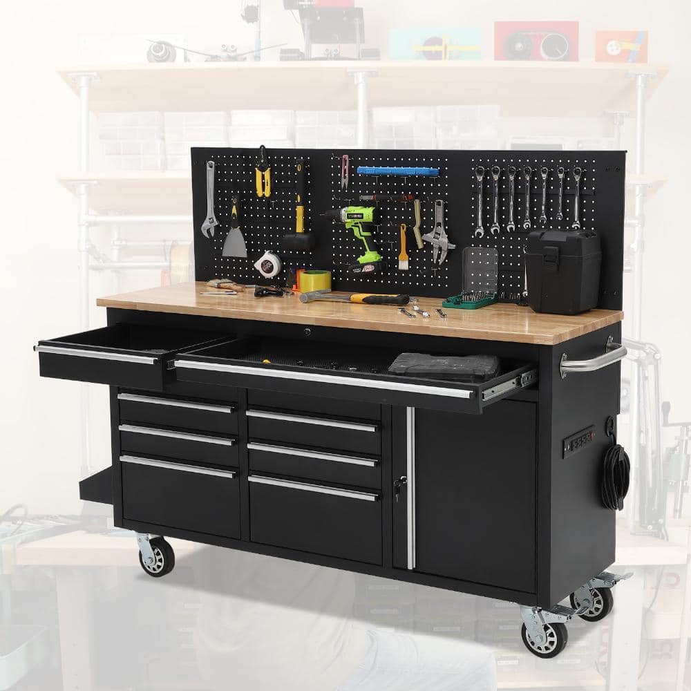"61"" Tool Chest Workbench, 10-Drawer, Rubber Wood, Power Strip, 1675lbs, Pre-Assembled, Black, Garage/Workshop" price history on PriceWatchPro