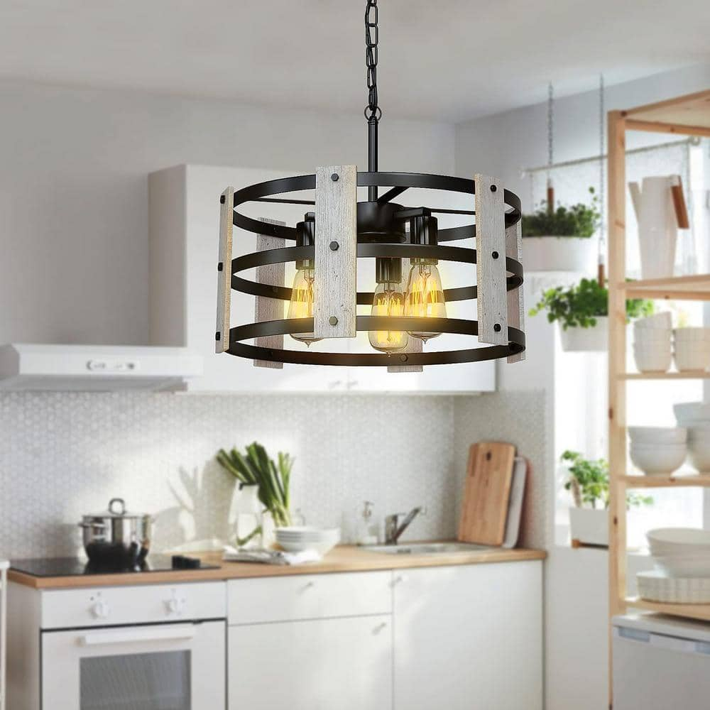 mieres Yeekar 3-Light Black Drum Chandelier with Metal and Wood Shade ...