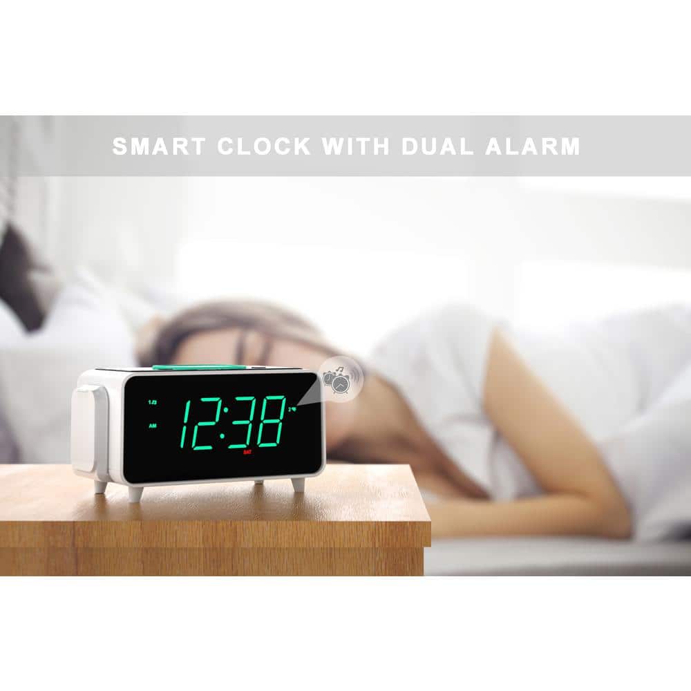 White Digital Alarm Clock with Wireless Charging and Bluetooth Speaker