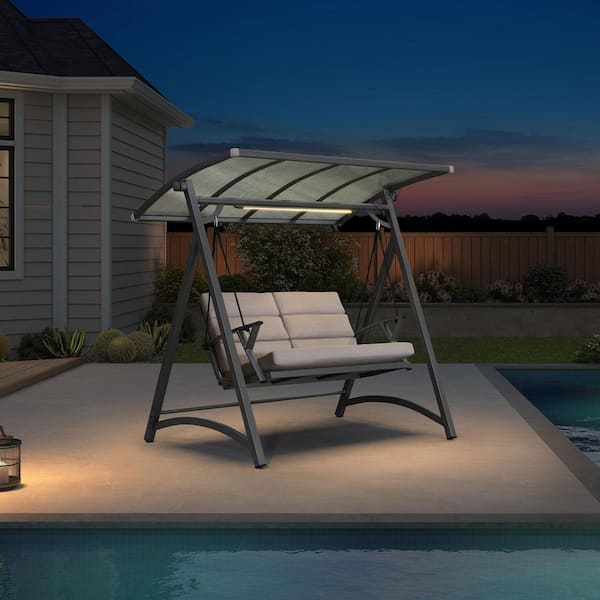 2 Person Porch Swing Patio Swing Chair with PVC Canopy Outdoor Modern Swinging Chairs w/Solar LED Light and Cushions