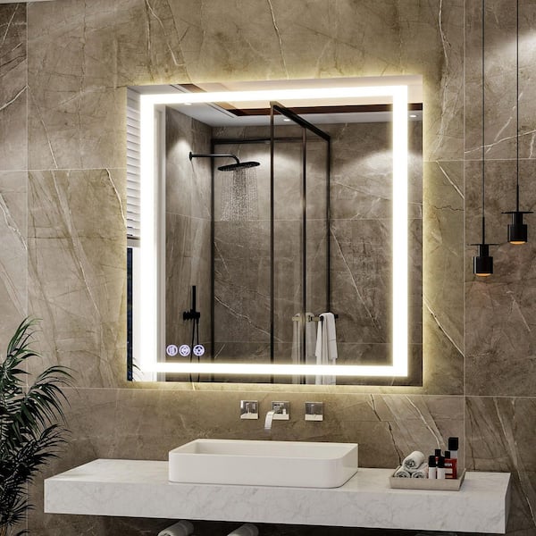 XRAMFY White 36 in. W x 36 in. H LED Lighted Square Bathroom Vanity ...