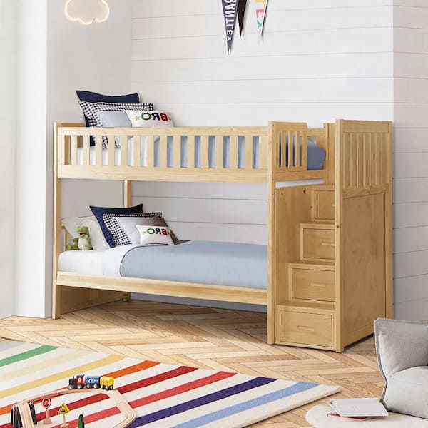 Lazzara Spaced Natural Pine Twin Over Twin Step Bunk Bed with