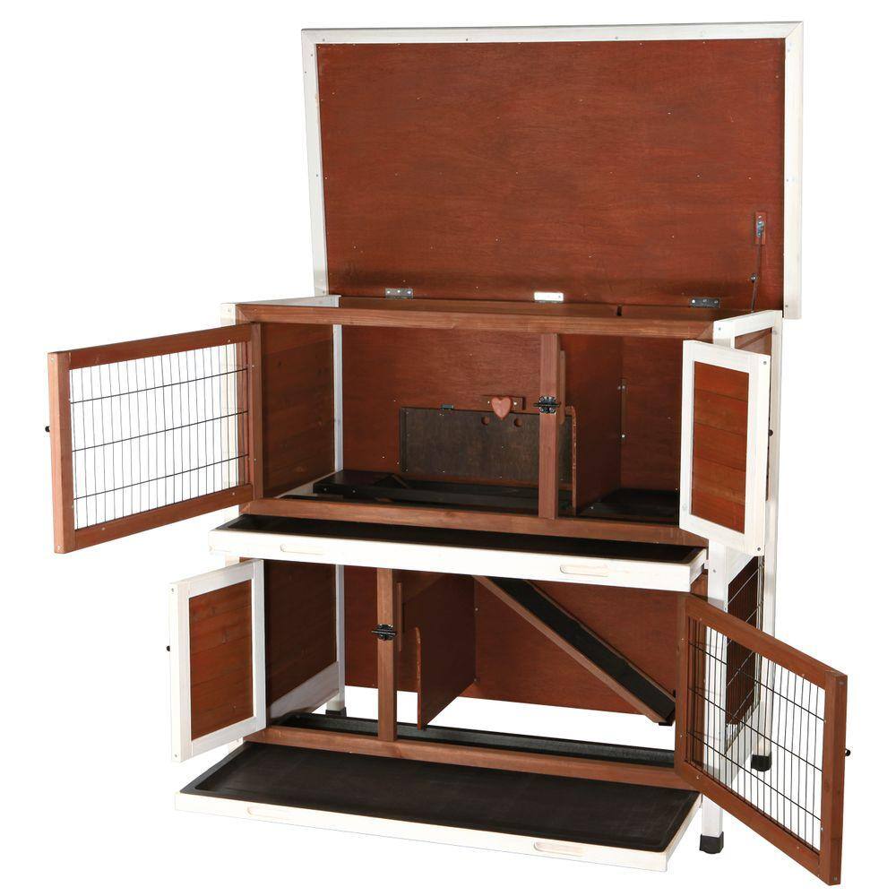 Auburn and White 2-Story Wooden Guinea Pig Hutch with Ramp