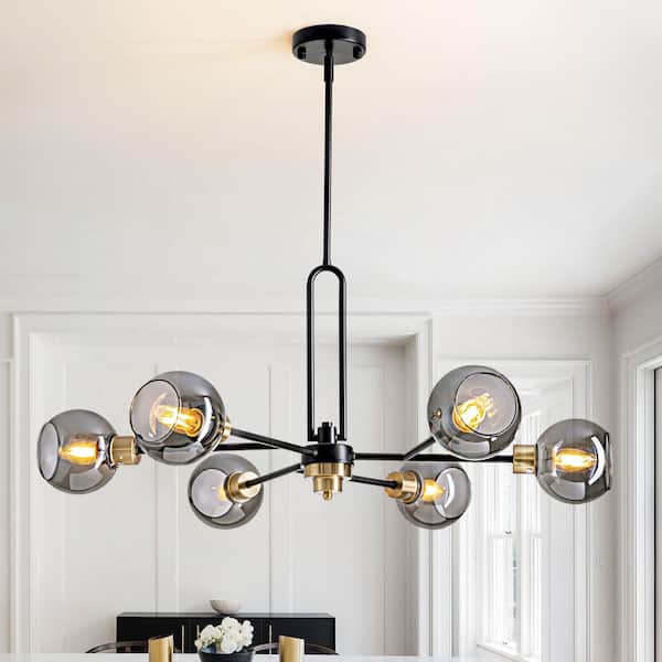 SILJOY 28 in. 6-Light Black Modern Chandelier Pendant Light for Dining Room with Glass Bubbles