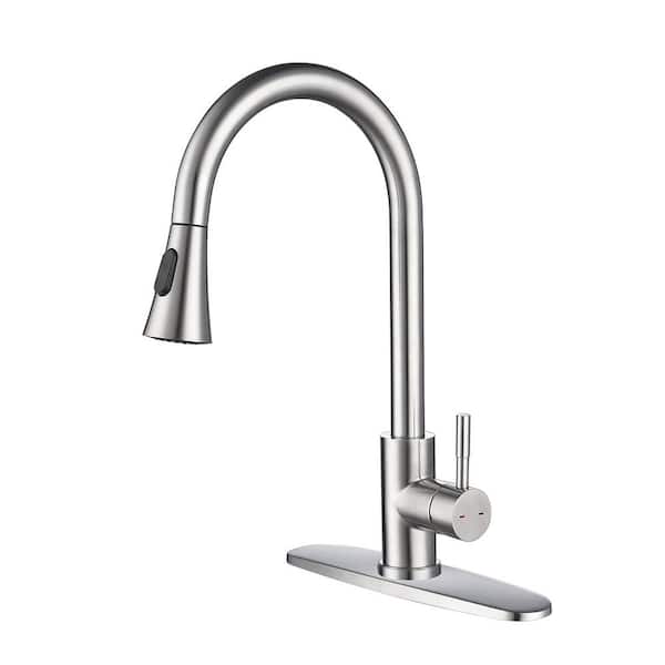 Tahanbath Single Handle Deck Mount Gooseneck Pull Out Sprayer Kitchen Faucet with Deck Plate and Pull-Down Sprayer in Stainless