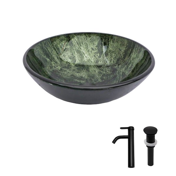 MUSUMI Bathroom Vessel Sink, Green Clear Light Tempered Glass Vessel Sink With - View #11