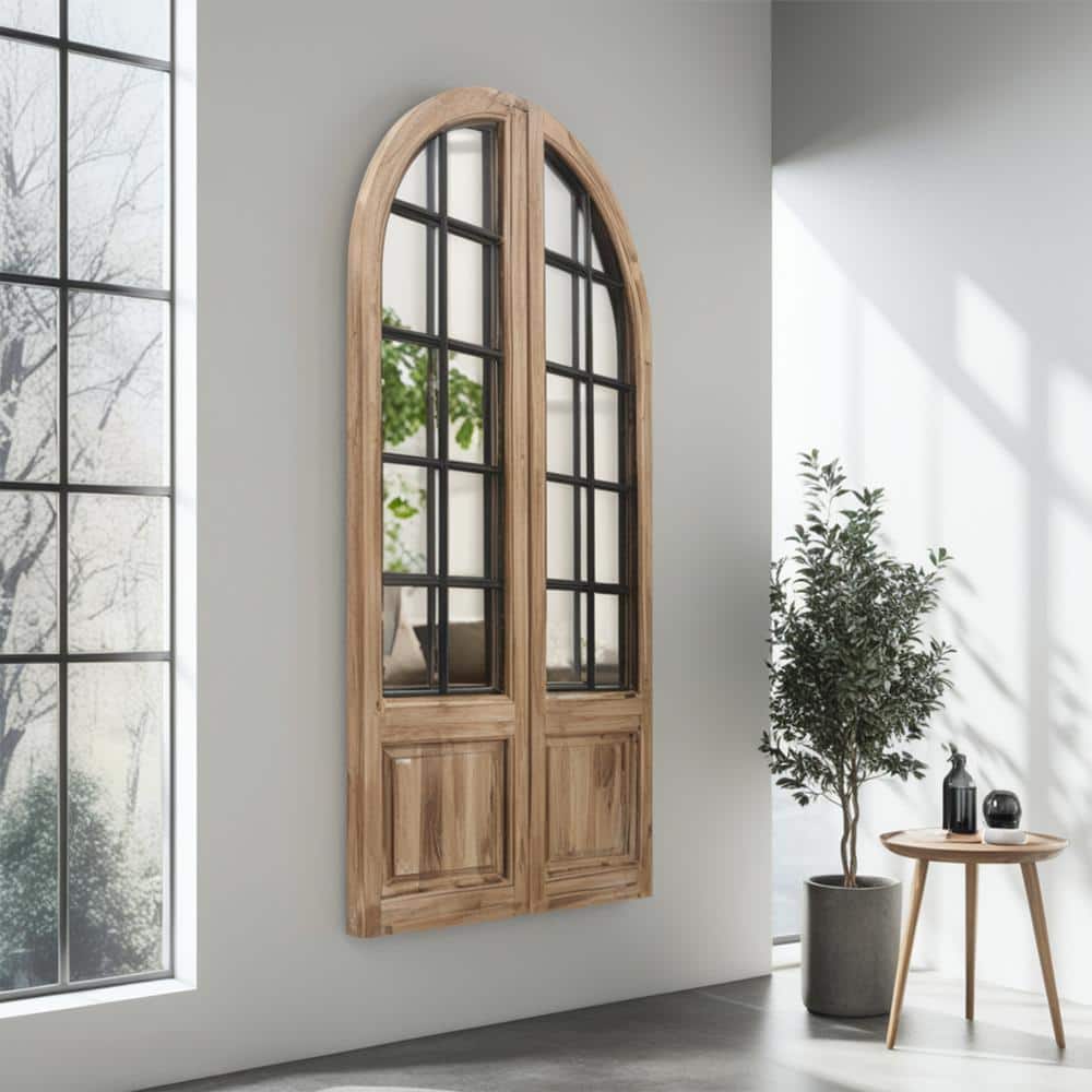 Rustic Arched Windowpane Wood and Metal Wall Mirror, 24 x 47.25 Inch