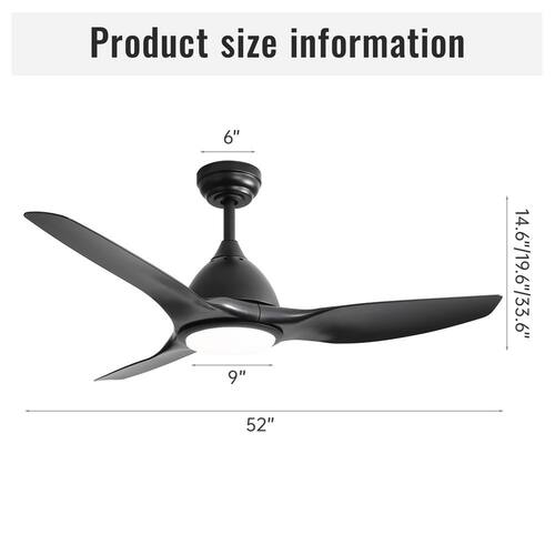 52 in. Indoor/Outdoor Integrated LED Black Downrod Modern Ceiling Fan with Light Kit and 6-Speed DC Remote CACI Mall Ceiling Fans With Lights
