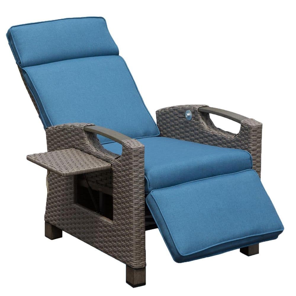Metal Outdoor Recliner Chair with Blue Cushions and Side Table, Adjustable 