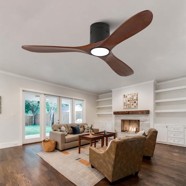 Modern 52 in. Black 3 Wood Blades Flush Mount Ceiling Fan with LED Light and Remote Included