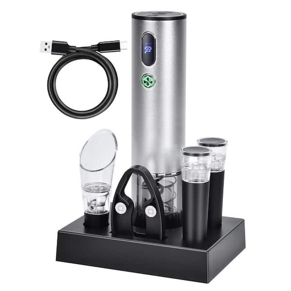Gravity Sensing Metallic Silver Wine Opener Set Rechargeable with Aerator Foil Cutter Stoppers Base for Kitchen Bar