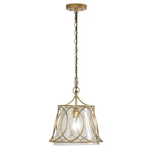 Ravel 13.25 in. 1-Light Gold Shaded Pendant Light with Metal and Clear Textured Glass Shade