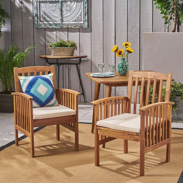 Coporesell Brown Acacia Wood Outdoor Dining Chair with Cream Cushions (2-Pack)