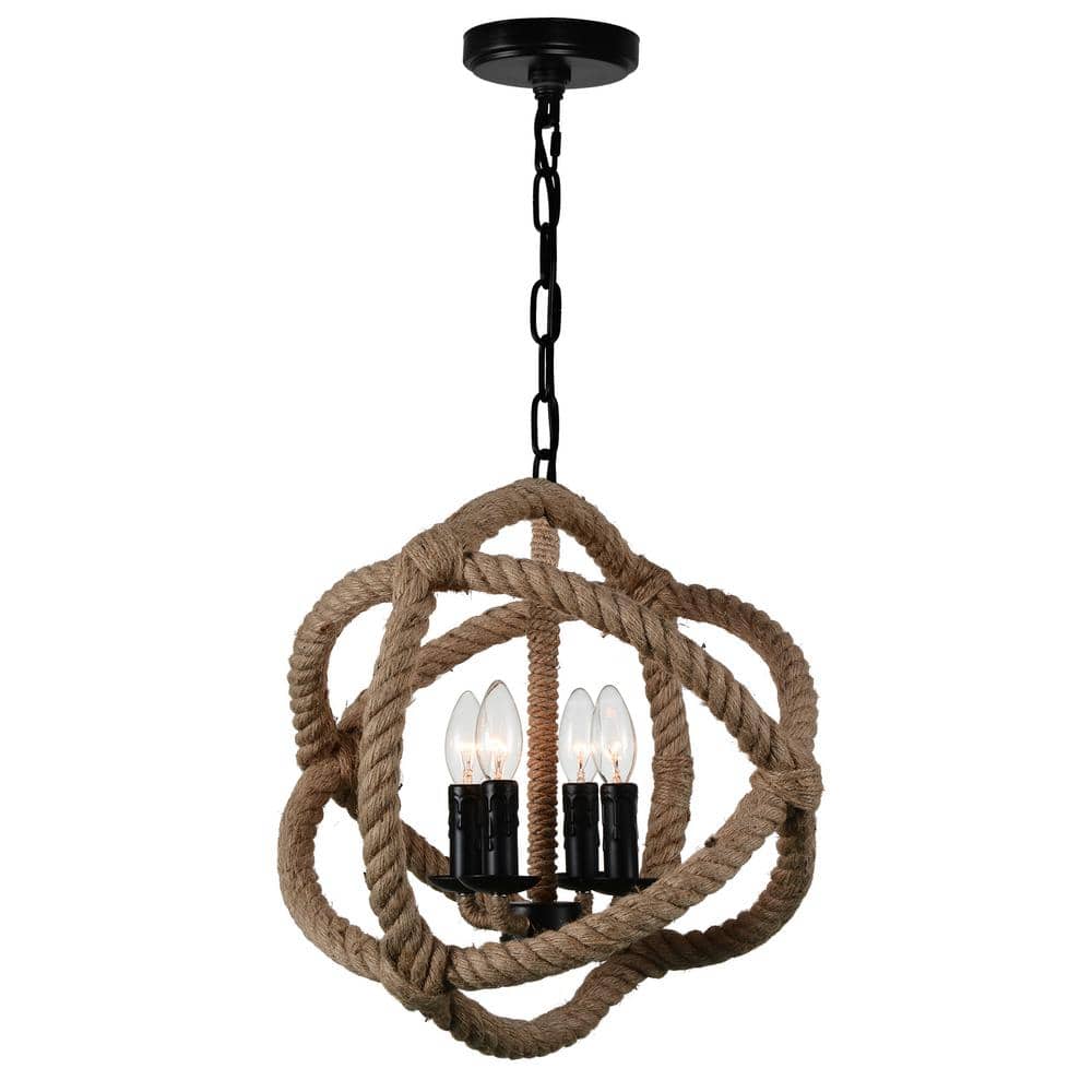 Rustic Black Steel Cage Pendant Light with Rope Embellishment