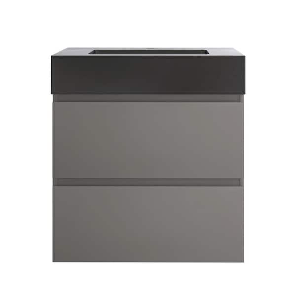 JimsMaison 24 in. W x 18 in. D x 25 in. H Wall Mounted Bath Vanity in Grey with Black Solid Surface Top