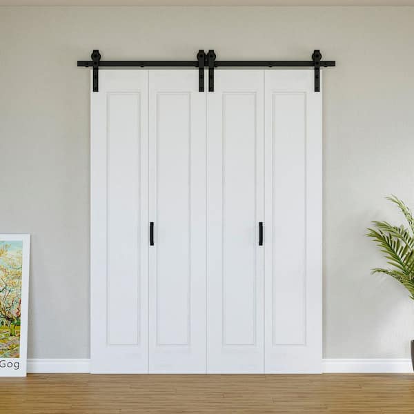 64 in. x 84 in. Paneled 1-Lite White Primed Hollow Core MDF Composite Bi-fold Door with Bifold Barn Door Hardware