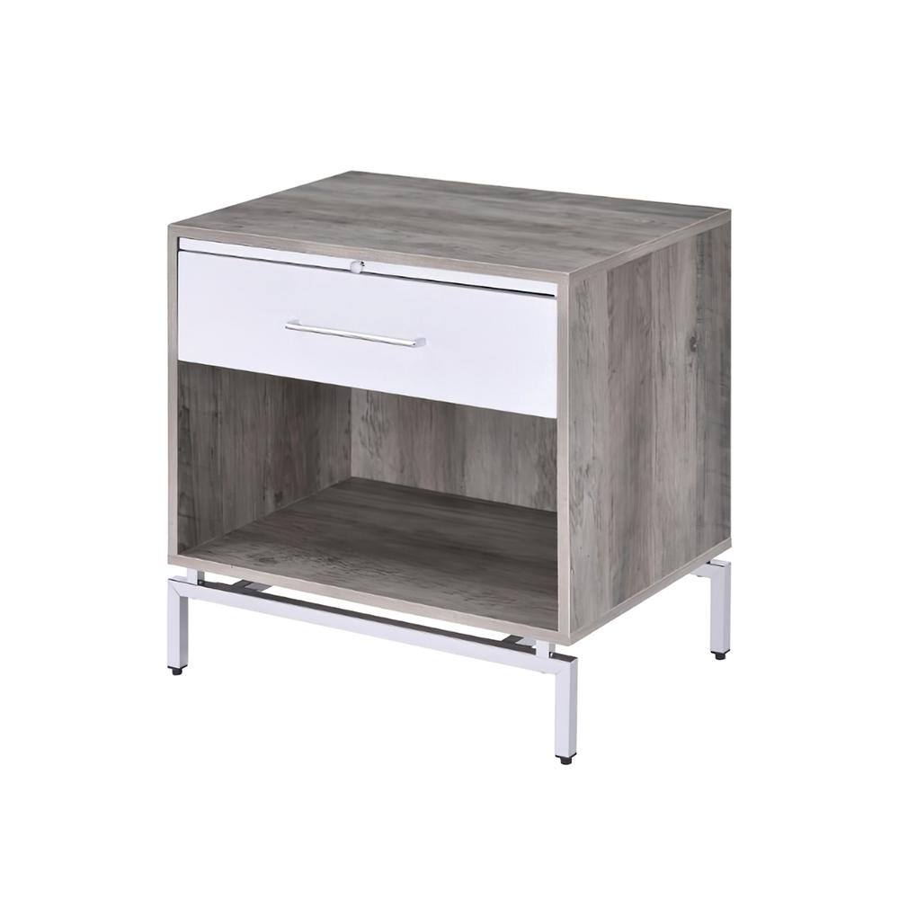 Weathered Gray Oak & White Metal Accent Table with Storage