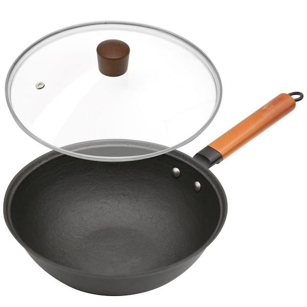 Traditional Chinese Cast Iron Wok 10.24 in. Nonstick Tortoise Pattern Preseasoned Deep Stir Fry Pan with Glass Lid