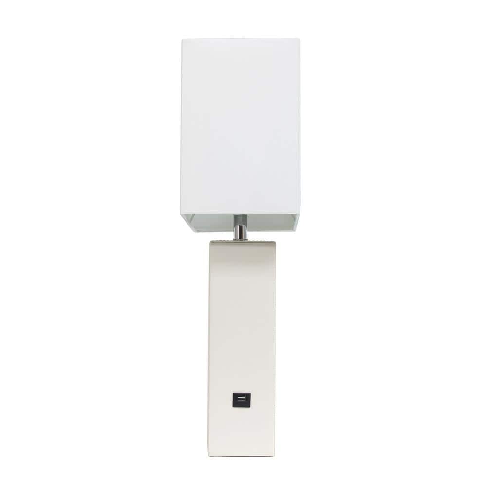 21" White Leather Base Modern Nightstand Lamp with USB Port