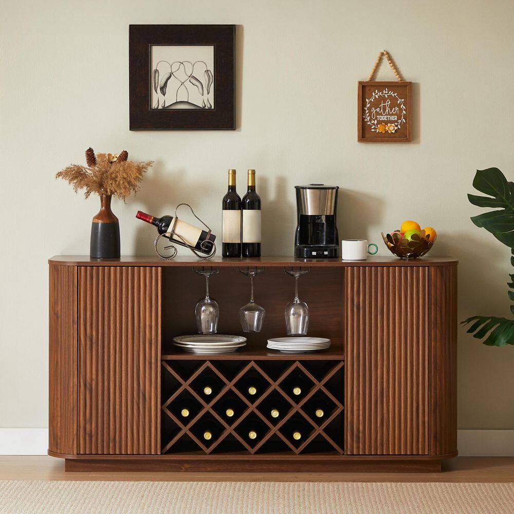 Barbara Walnut MDF Wood 58.30 in. W Buffet Storage Sideboard with Doors and Adjustable Shelves